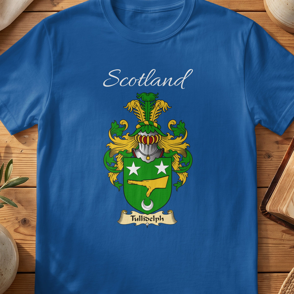Royal blue Tullidelph unisex heritage T-shirt with the family shield and surname design.