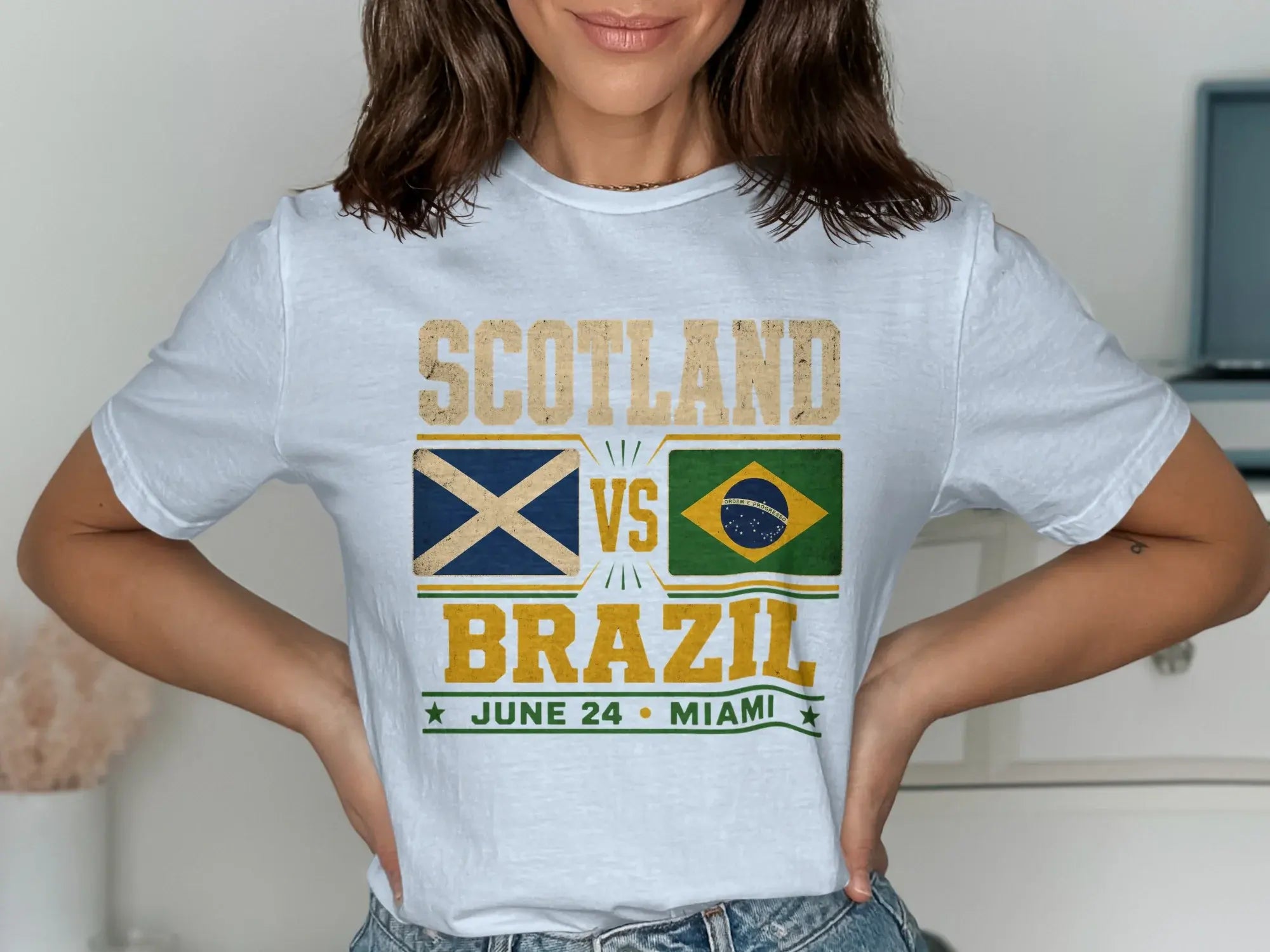 Scotland vs Brazil soccer match t-shirt with flags and date.