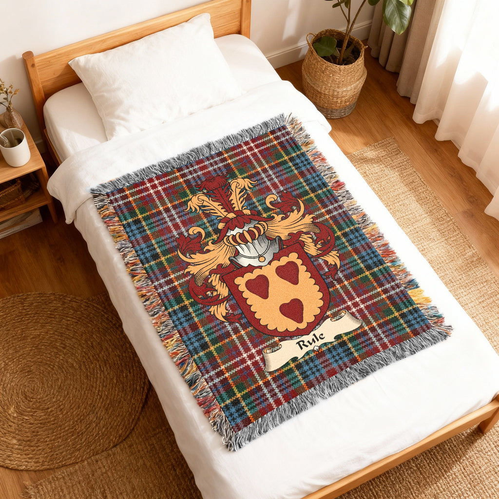 Rule Caledonia tartan heritage woven throw blanket with family shield