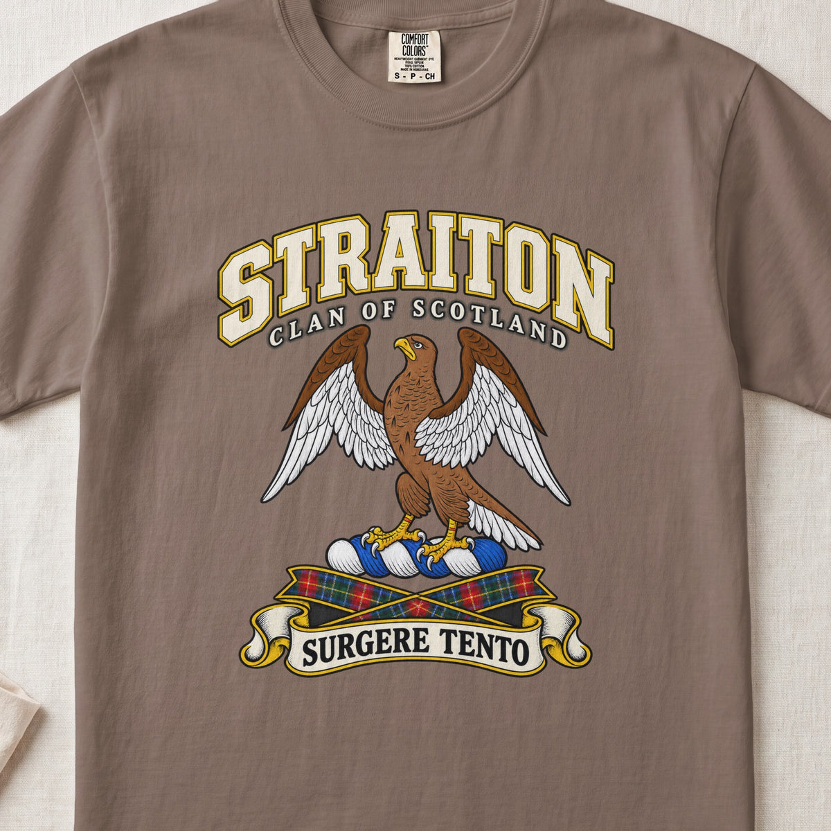 Straiton Scottish clan T-shirt in Espresso, front view with a brown eagle with spread wings and motto banner.