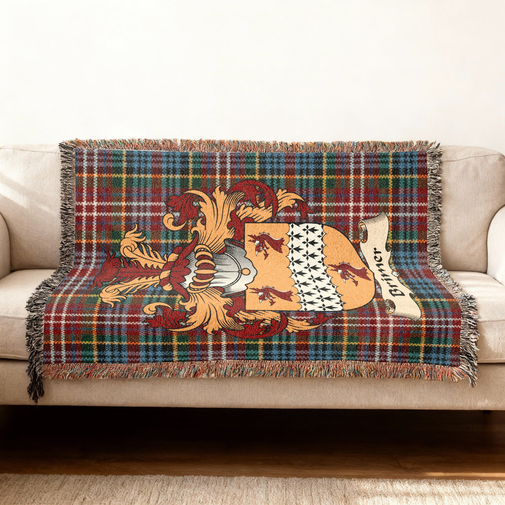 Brimer Scottish woven blanket with family shield and Caledonia tartan background