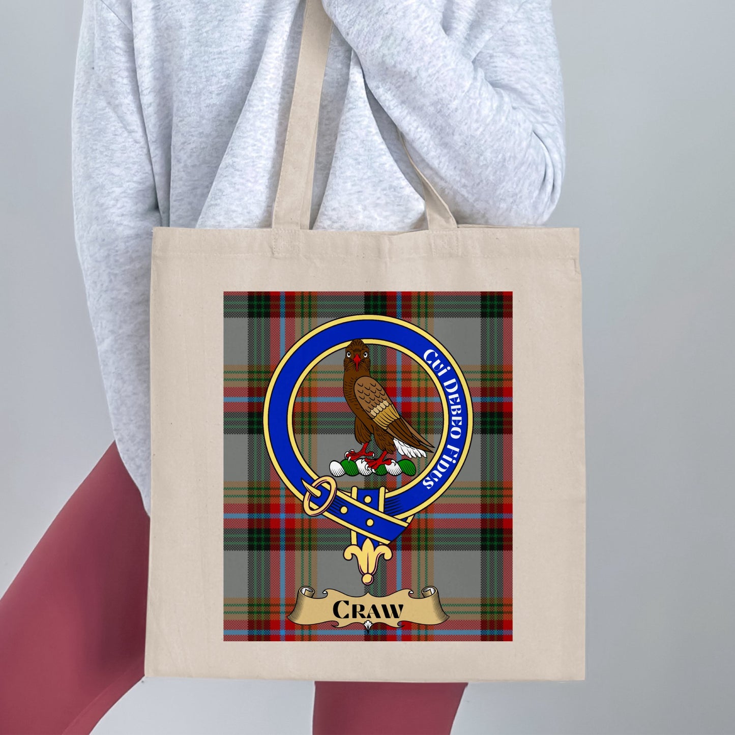 Iconic Craw Clan Crest on Colorful Tartan Tote Bag - Living Stone Gifts