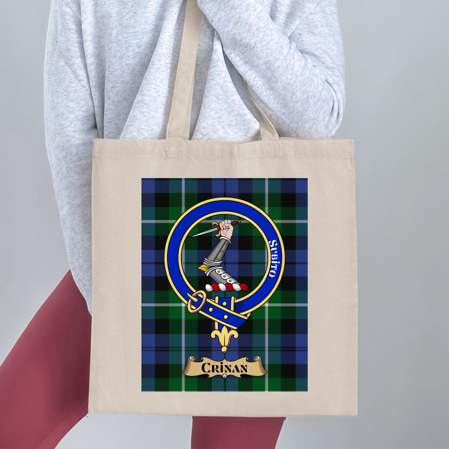 Crinan Scottish Clan Crest on Tartan Background Tote Bag - Living Stone Gifts