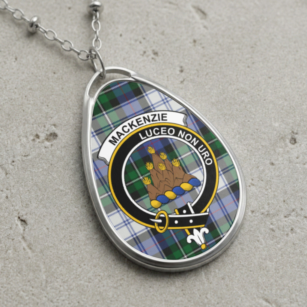 Tartan oval pendant necklace with Mackenzie crest: "Luceo Non Uro".