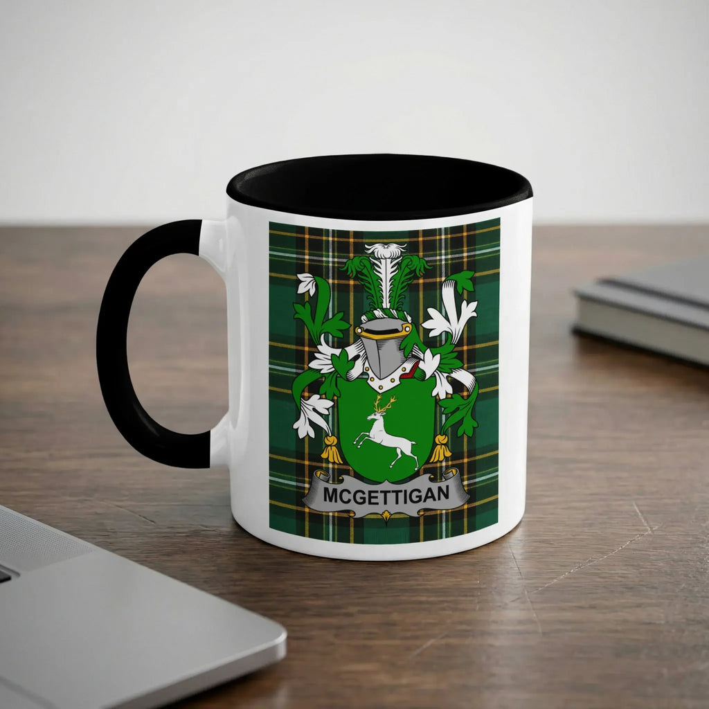 McGettigan Irish heritage mug with black handle and family crest