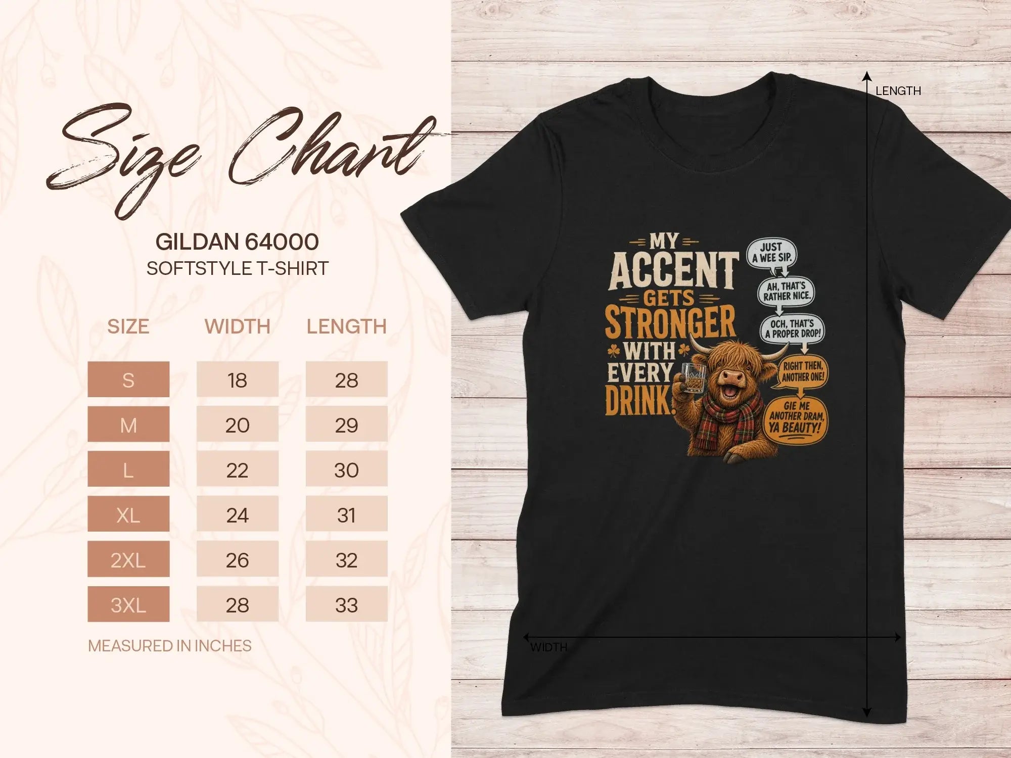Gildan 64000 Softstyle t-shirt size chart and graphic with highland cow.