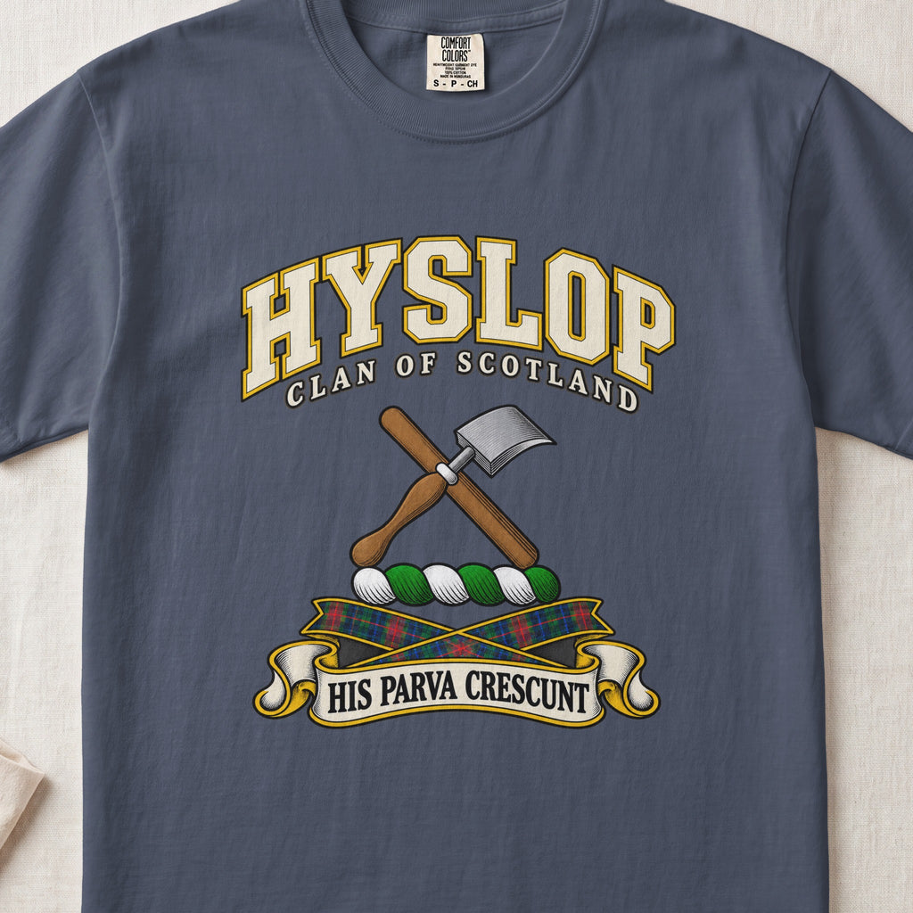 Hyslop Scottish clan T-shirt in Midnight, front view with crossed hand tools, one with a silver blade and motto design.
