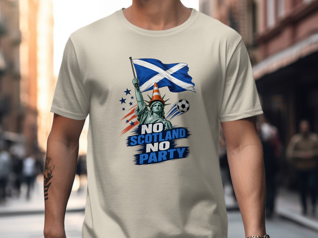 Statue of Liberty with Scottish flag and soccer ball, text: No Scotland No Party.