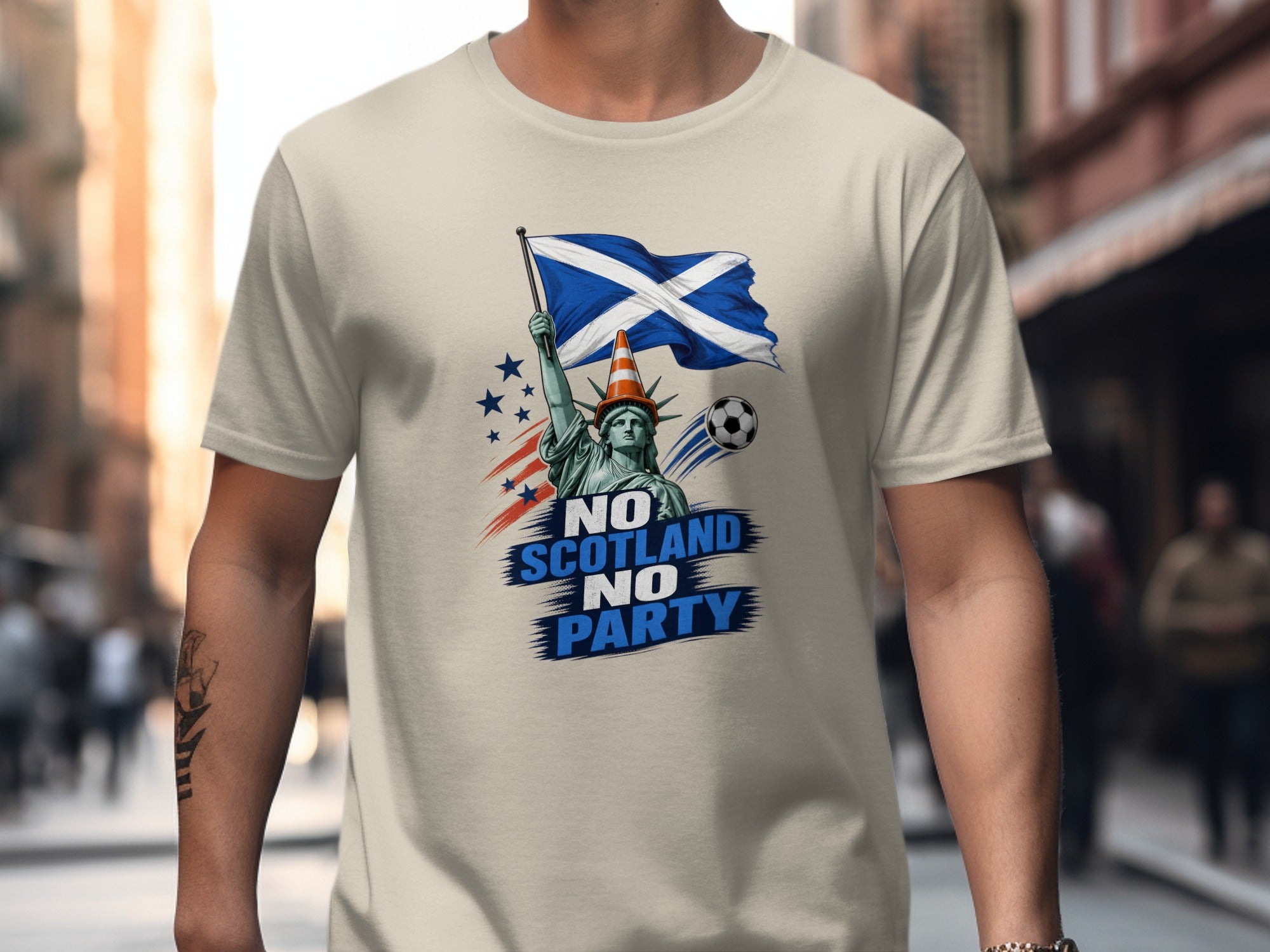 Statue of Liberty with Scottish flag and soccer ball, text: No Scotland No Party.