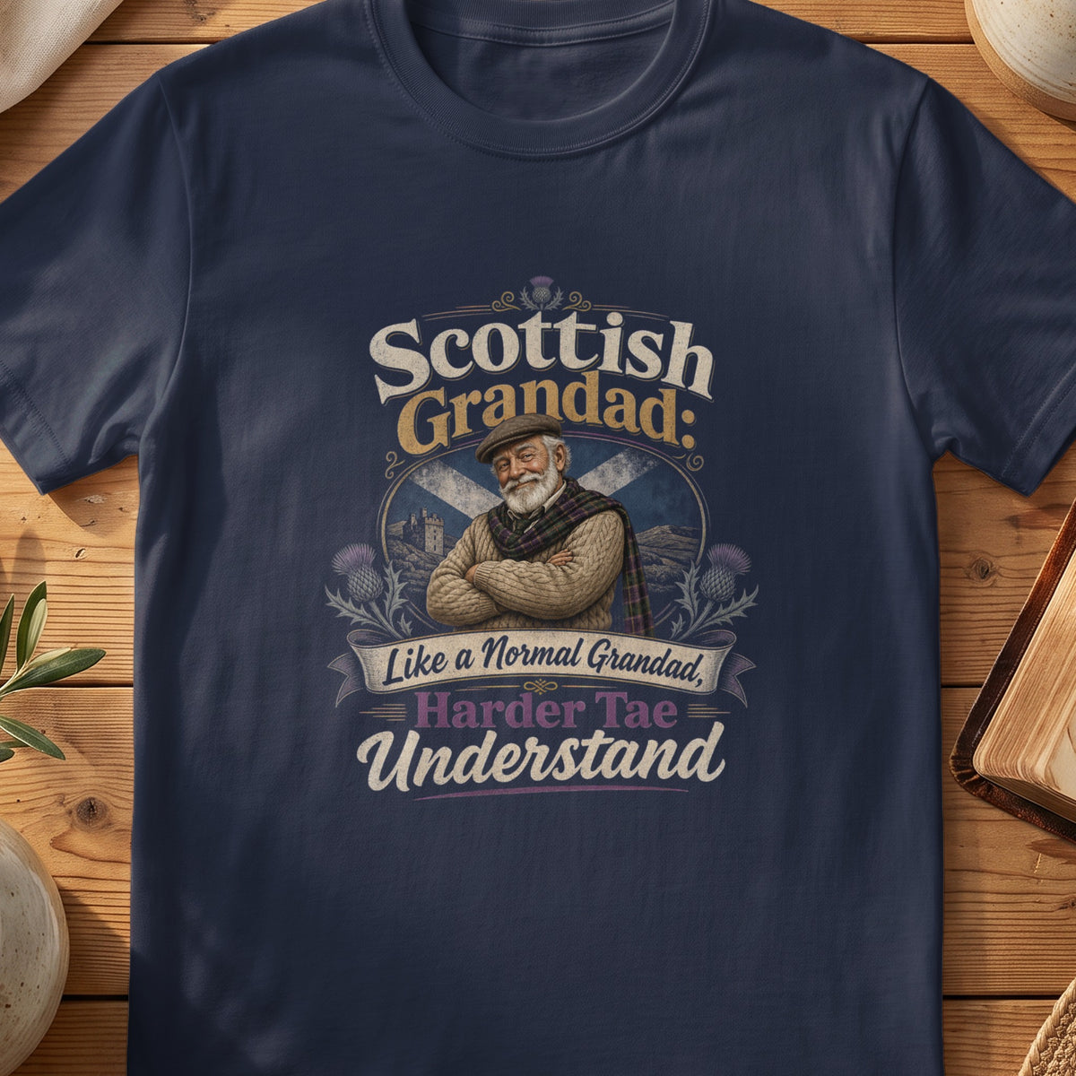 Navy Gildan 64000 unisex T-shirt flatlay with Scottish Grandad Harder Tae Understand Scottish graphic design