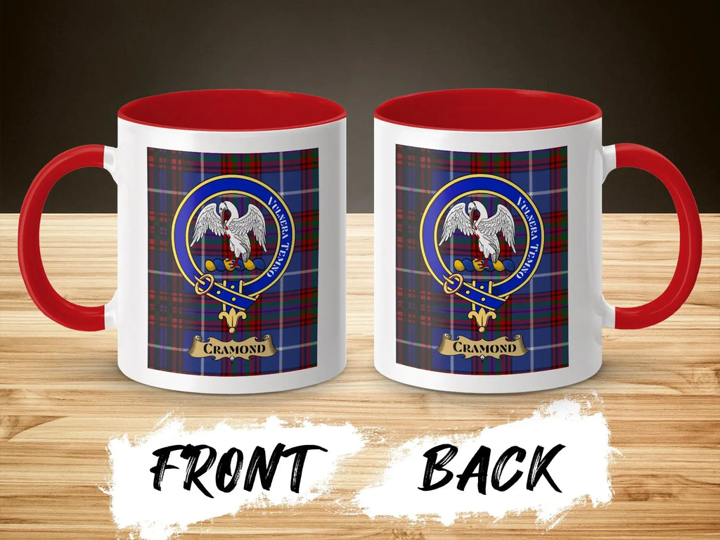 Cramond tartan-background crest mug shown as a Scottish heritage gift