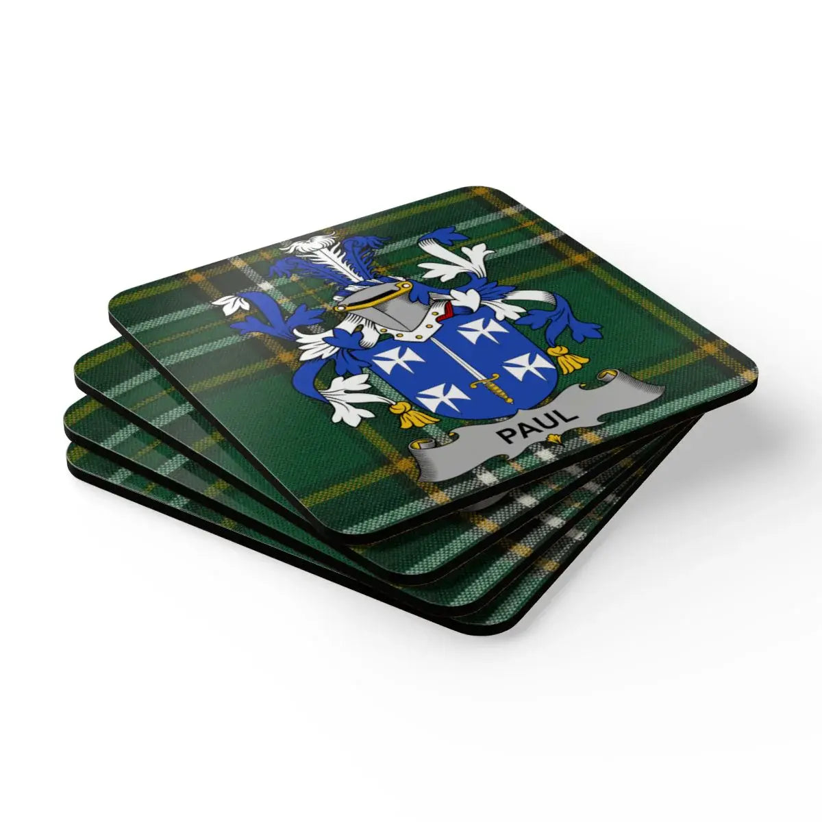 Custom Paul Family Crest Plaid Green Coasters product