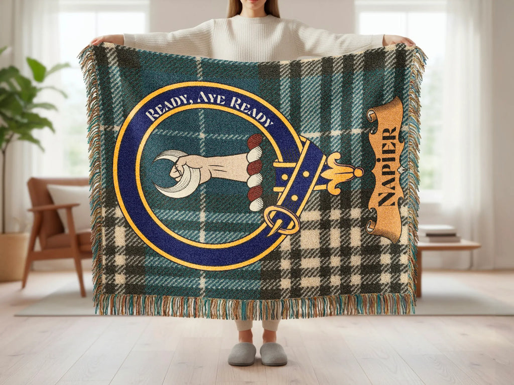 Napier clan crest woven blanket in full — fringe edge and plaid pattern