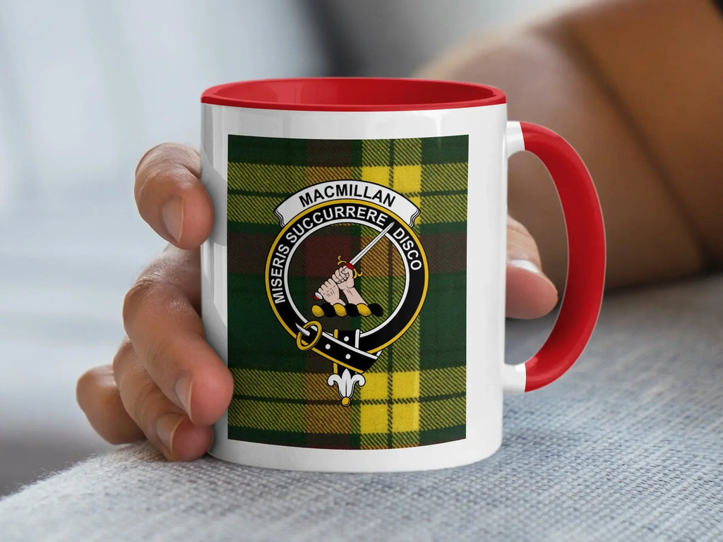 MacMillan tartan pattern shown across ceramic mug body — clan crest and motto detail