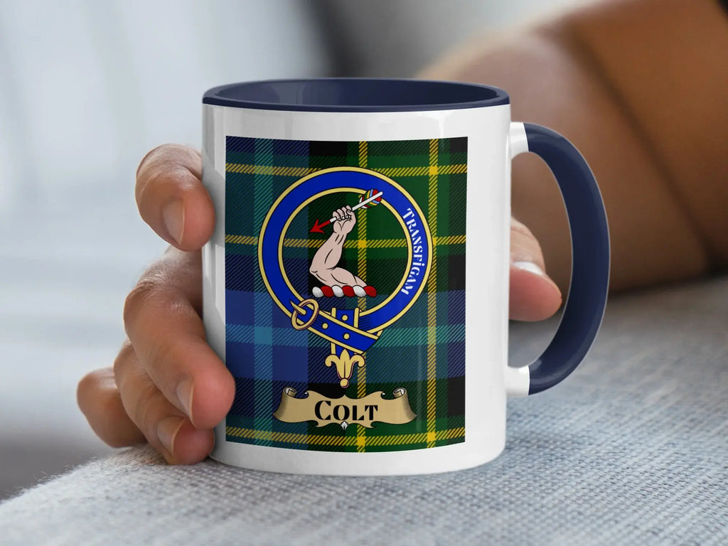 Colt family crest coffee mug with a tartan-background design