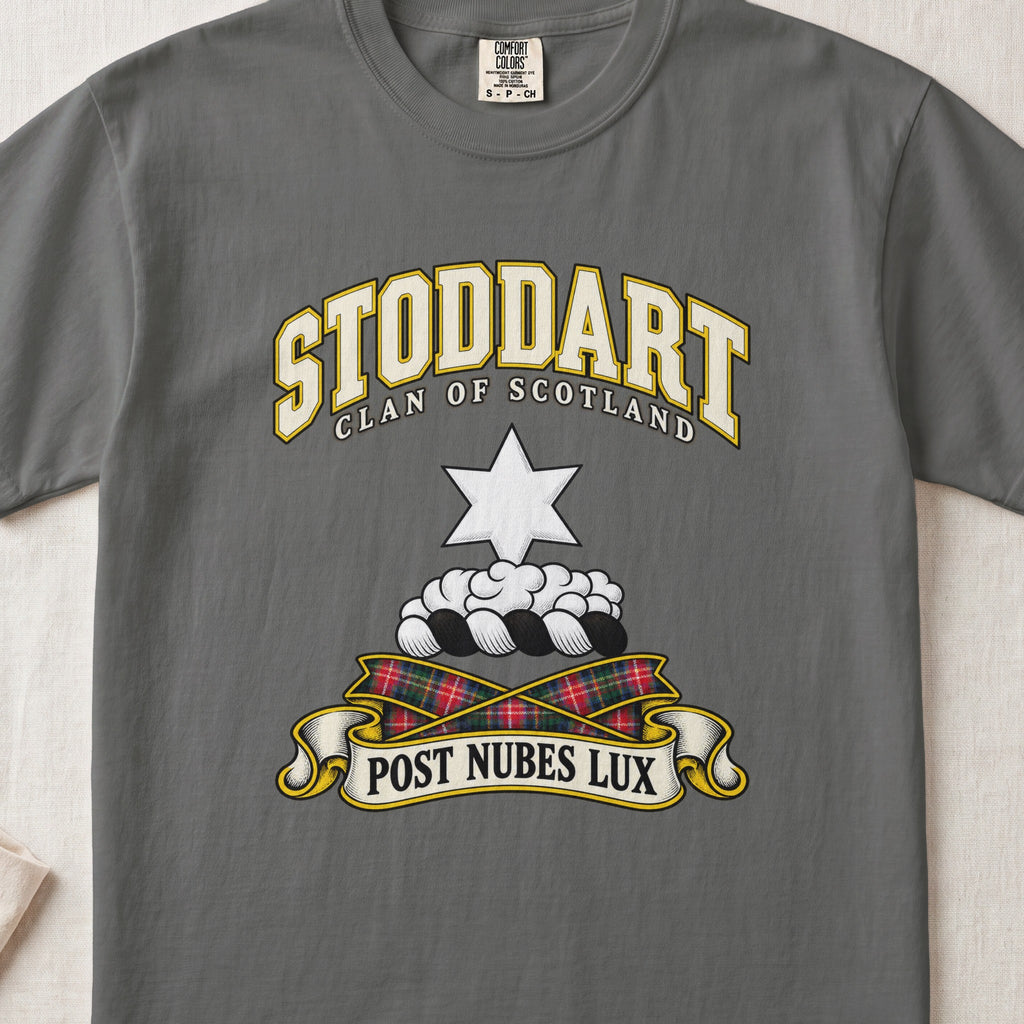 Stoddart Scottish clan T-shirt in Pepper, front view with a white six-pointed star above clouds and motto design.