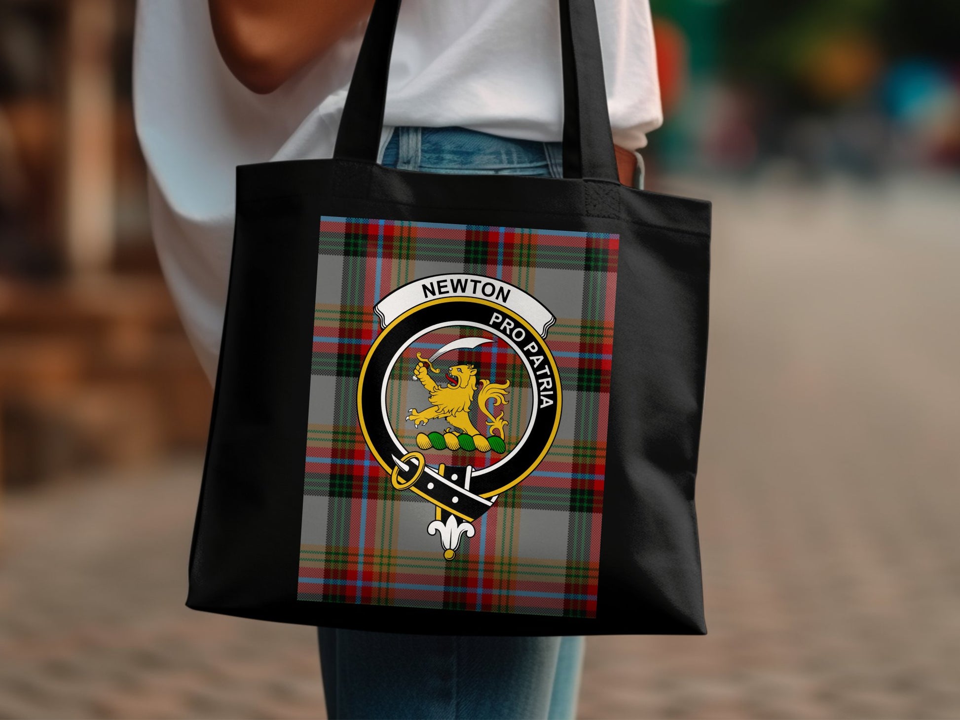 Scottish clan crest on tartan background Tote Bag - Living Stone Gifts