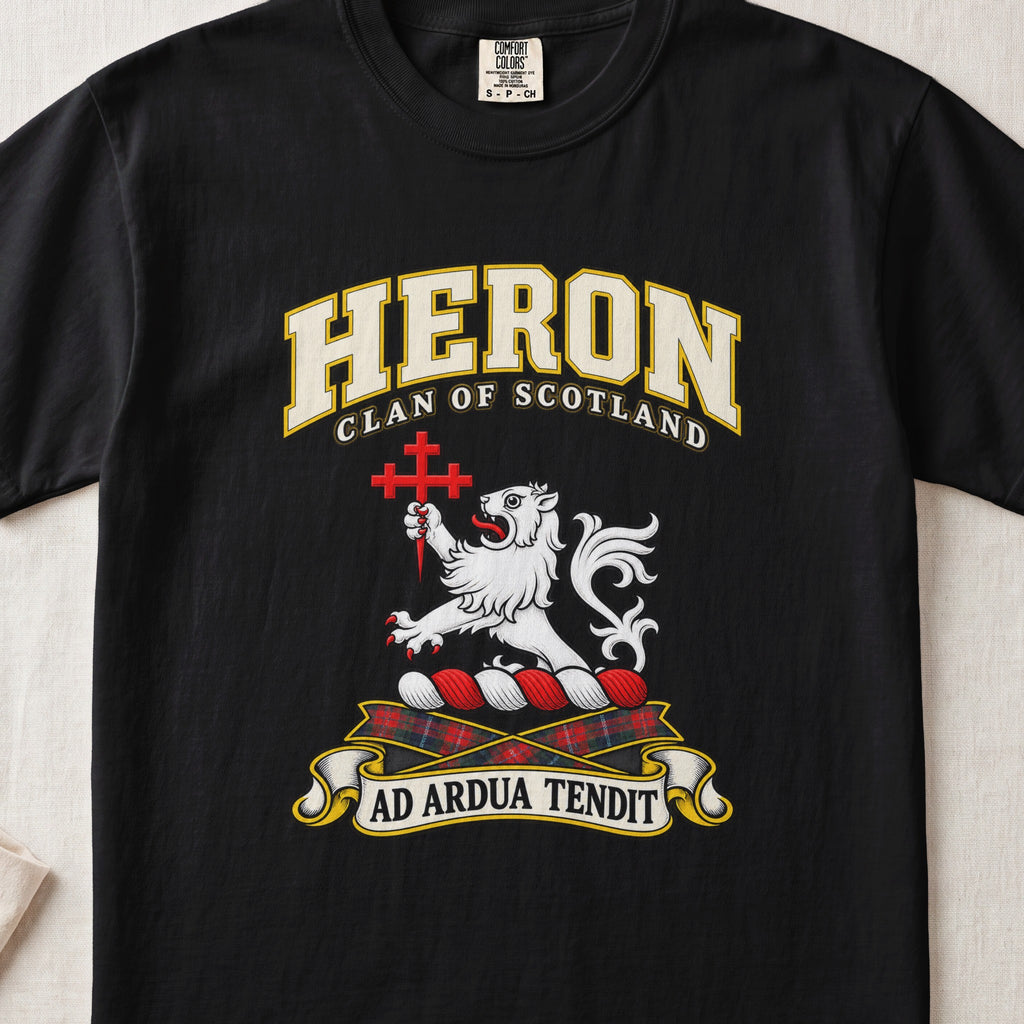 Heron Scottish clan T-shirt in Black, front view with a white lion holding a red cross and motto banner.
