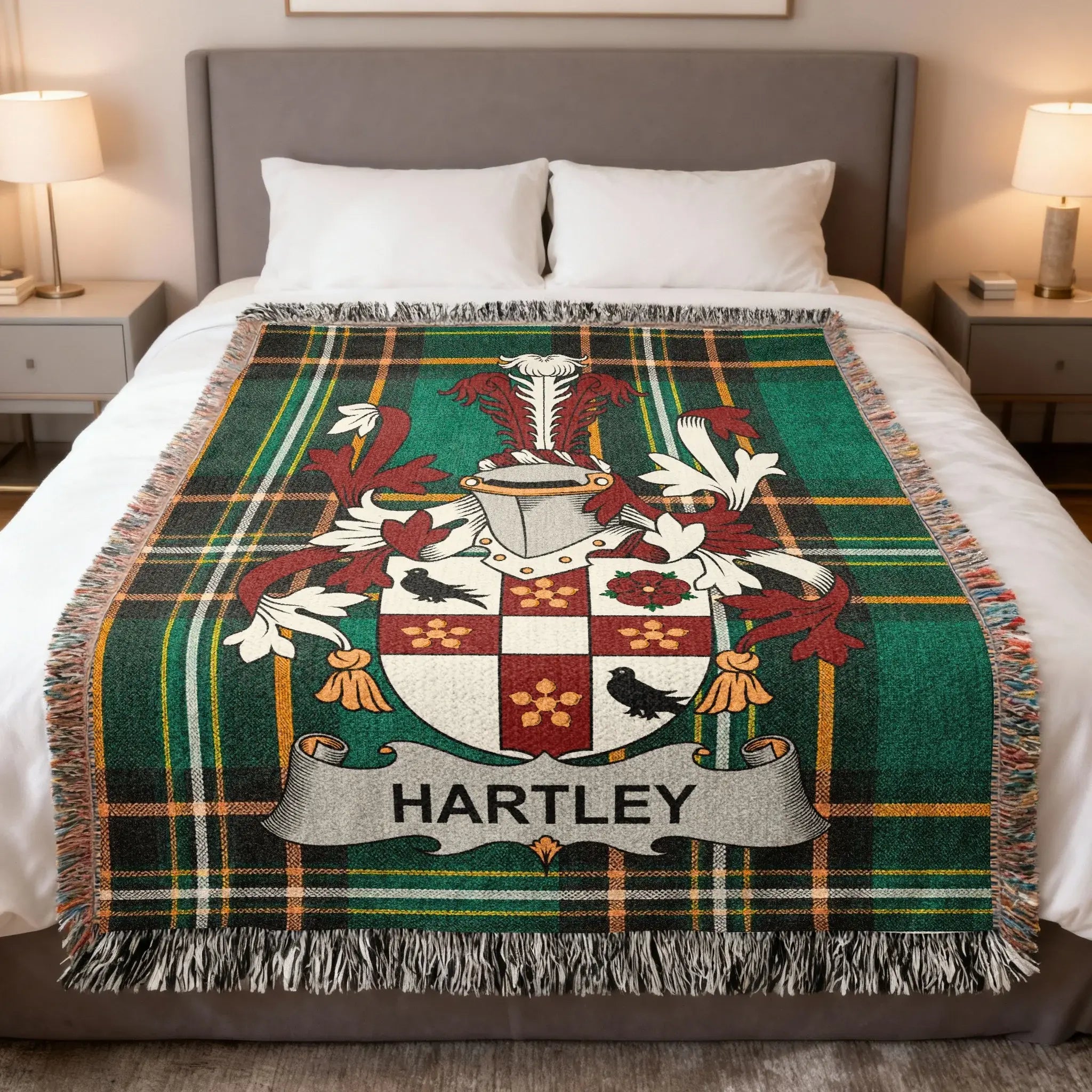 Tartan blanket with the Hartley family crest and name.
