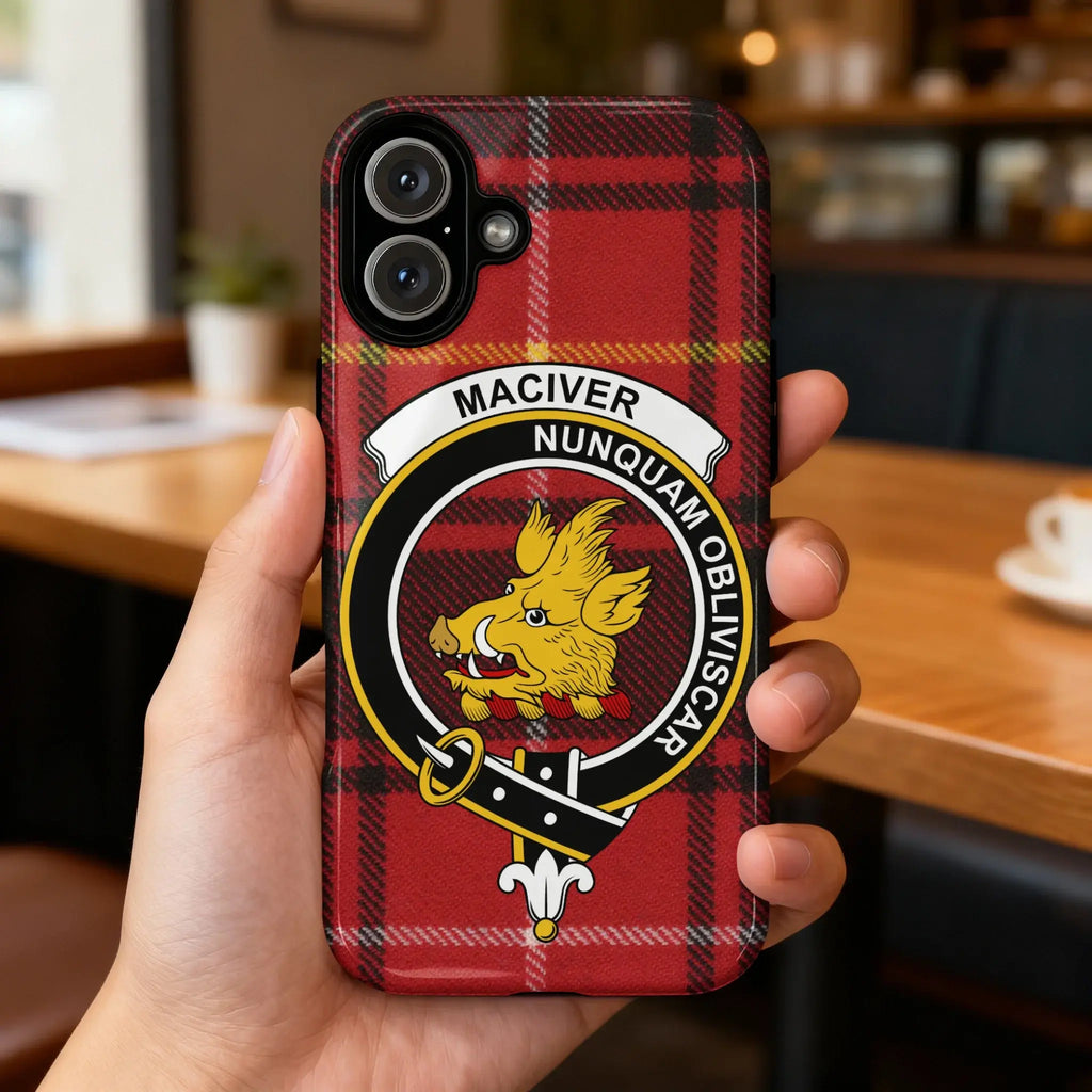 MacIver Nunquam Obliviscar tartan crest iPhone case — full 3D wrap Scottish heritage design