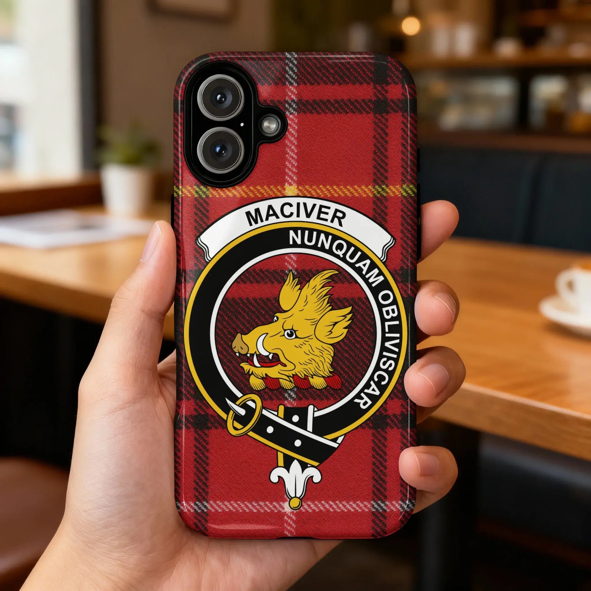 MacIver Nunquam Obliviscar tartan crest iPhone case — full 3D wrap Scottish heritage design