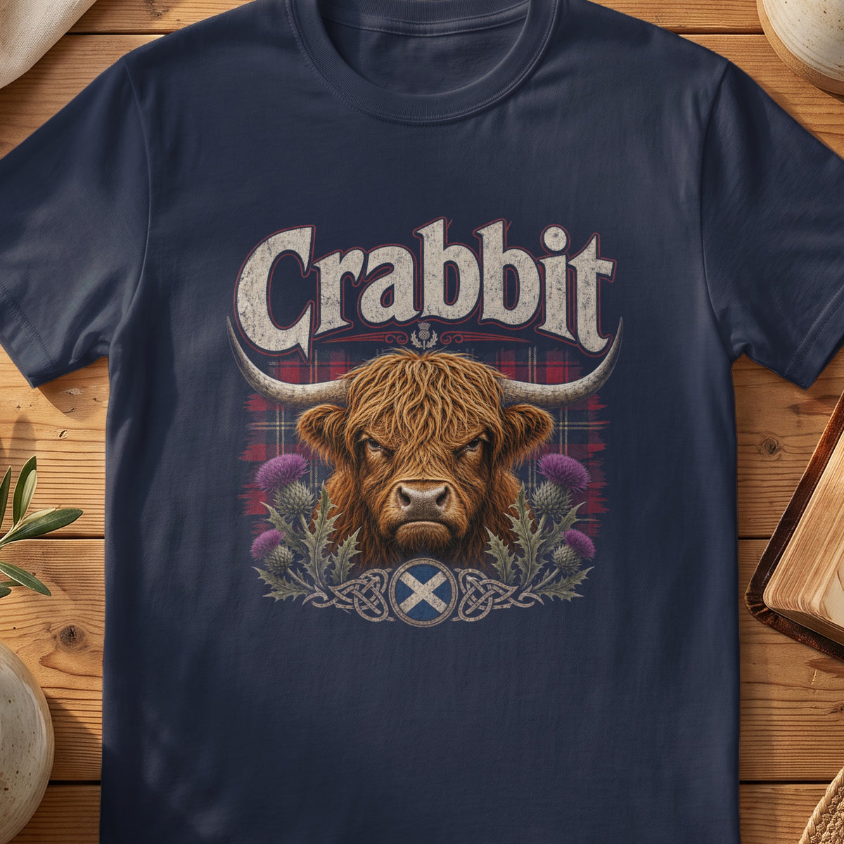 Navy Gildan 64000 unisex T-shirt flatlay with Crabbit Highland Cow Scottish graphic design