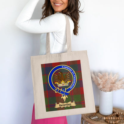 Bontine Clan Crest on Tartan Background Tote Bag - Living Stone Gifts