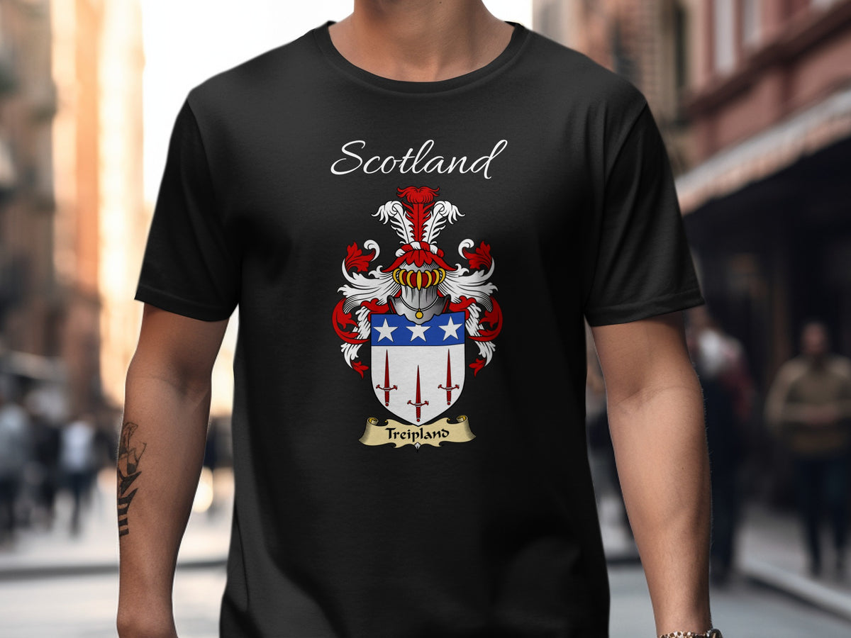 Model wearing the black Treipland Scottish surname T-shirt with family crest artwork.