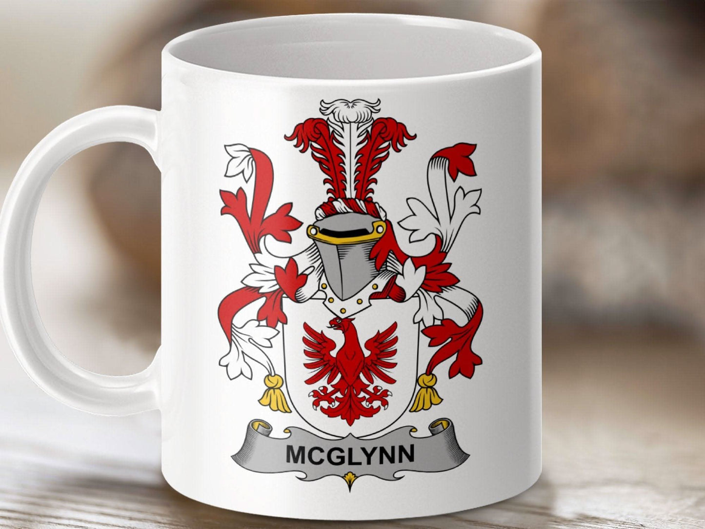 McGlynn Family Crest Red and White Decorative Mug - Celtic Ancestry Gifts