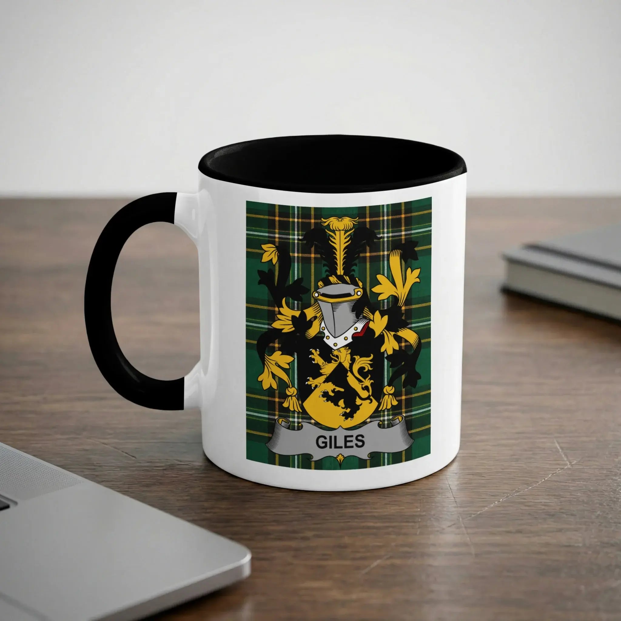 Mug with black rim and handle featuring a coat of arms for Giles.