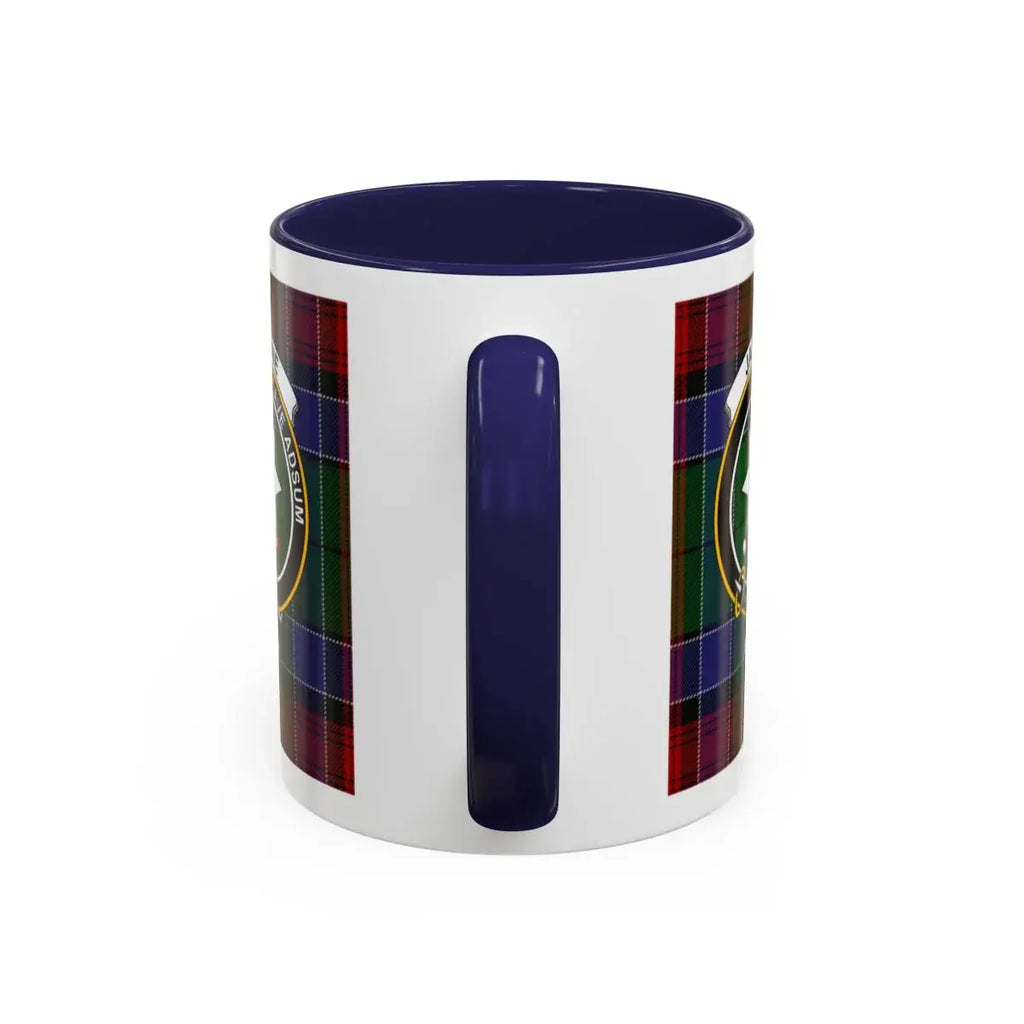 Clan Jardine crest accent mug — 15 oz red handle, size and colour options shown