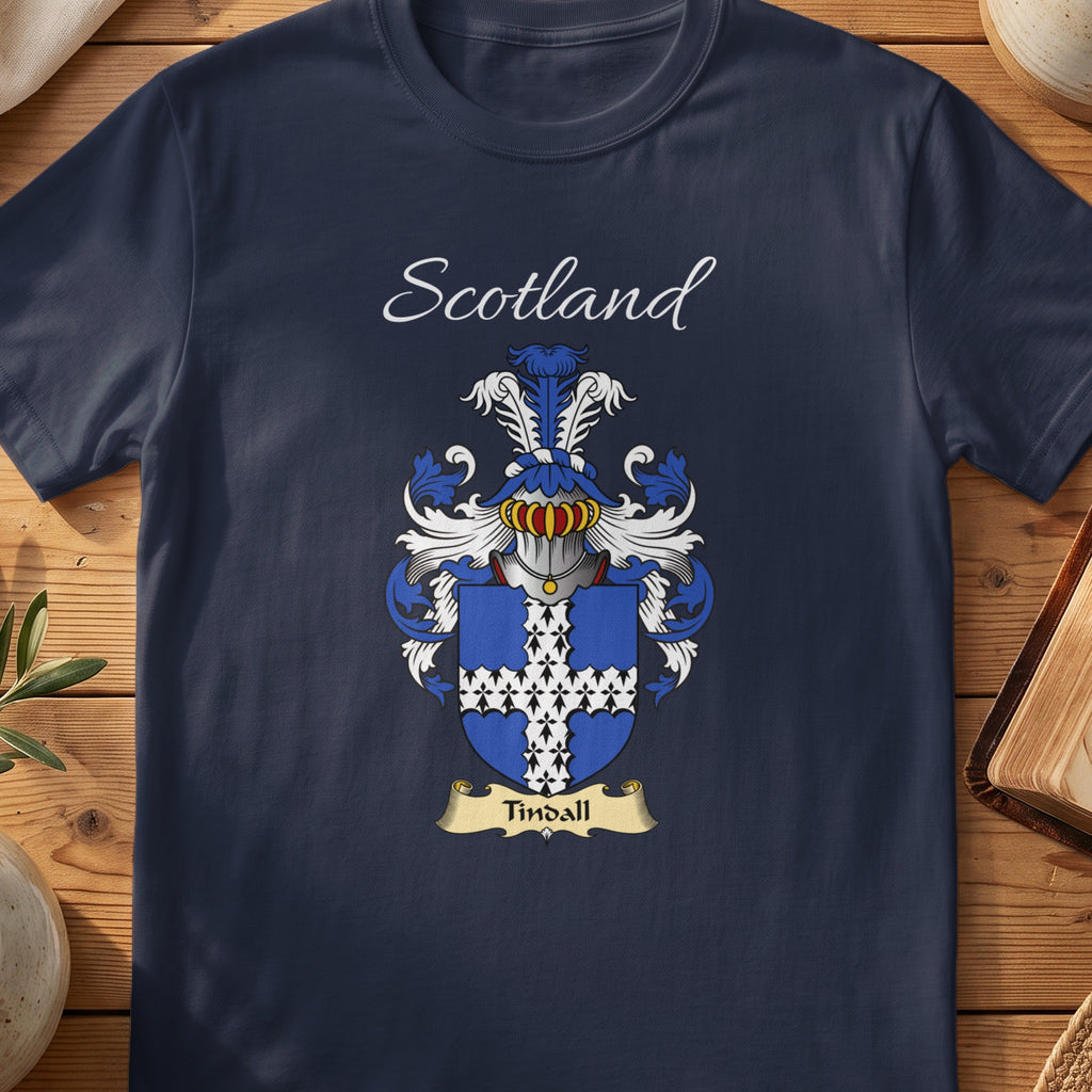 Navy Tindall heritage T-shirt laid flat with “Scotland” and the colourful family shield design.