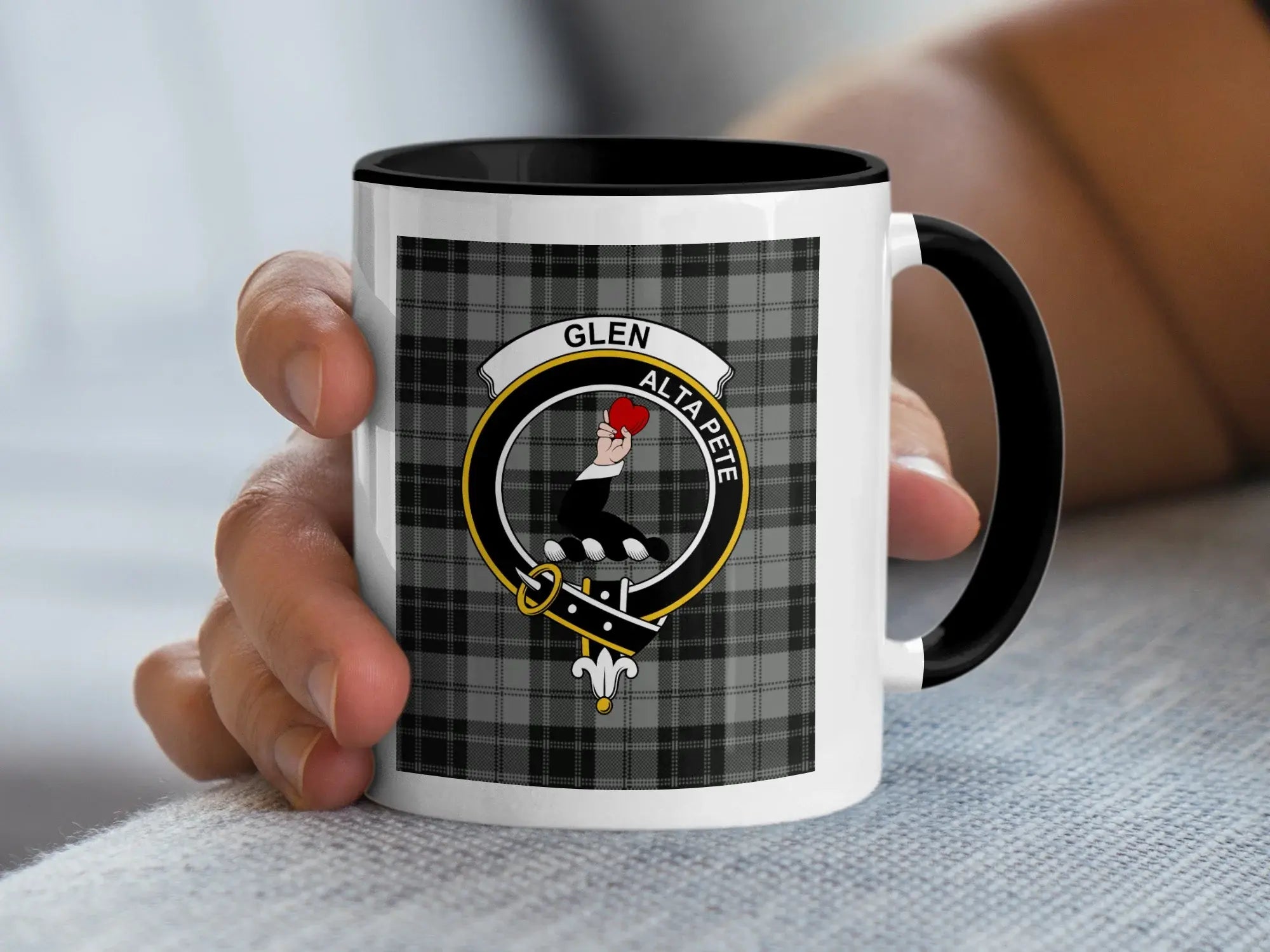 Glen tartan mug with a coloured accent handle and interior
