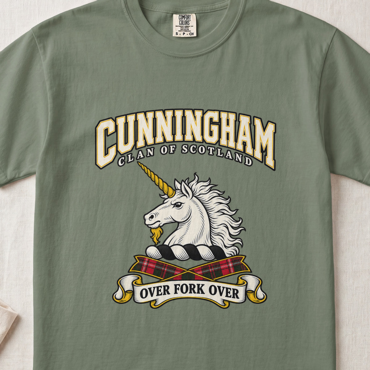 Cunningham Scottish clan graphic T-shirt in Moss, front view