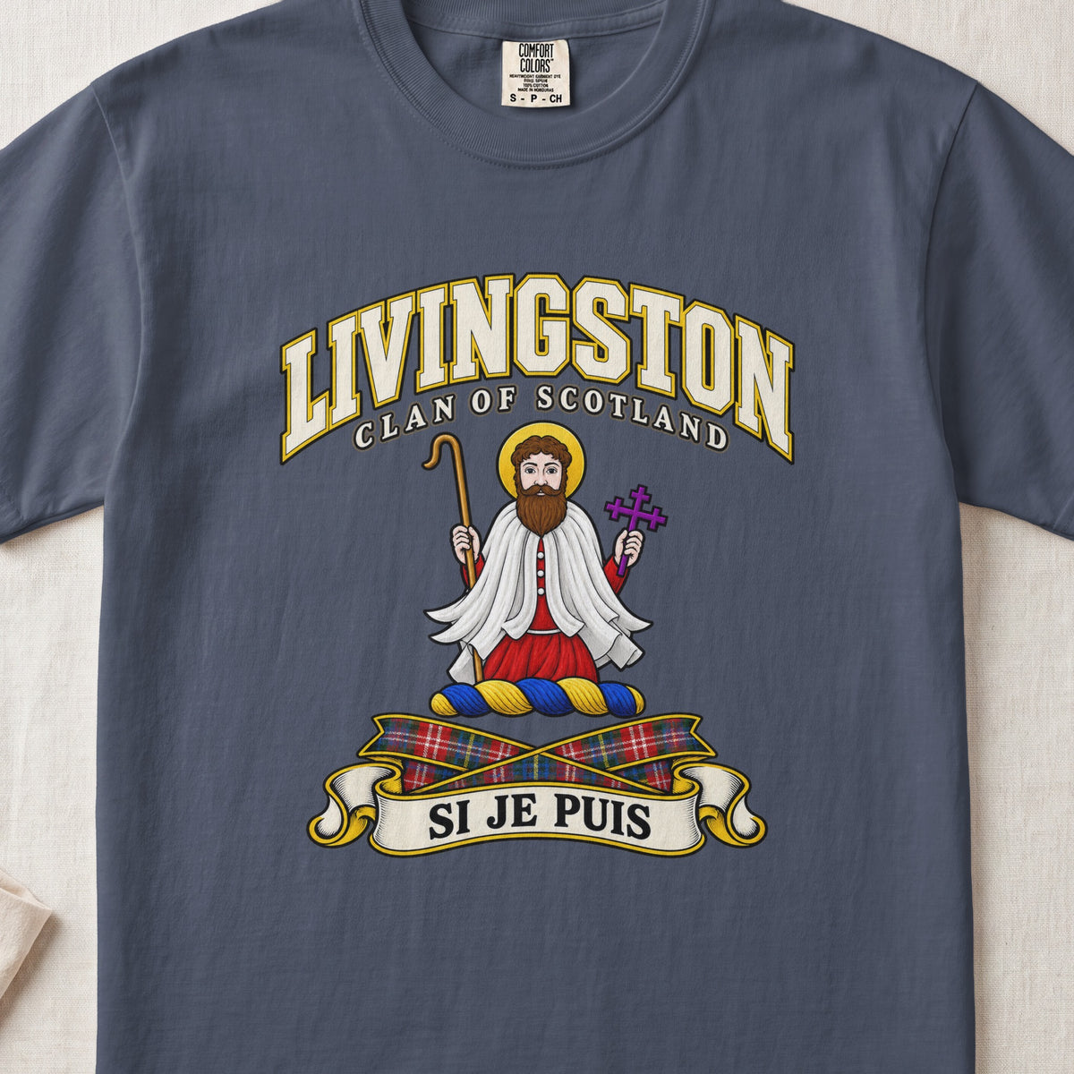 Livingston Scottish clan T-shirt in Midnight, front view with a robed figure with a golden halo and motto design.