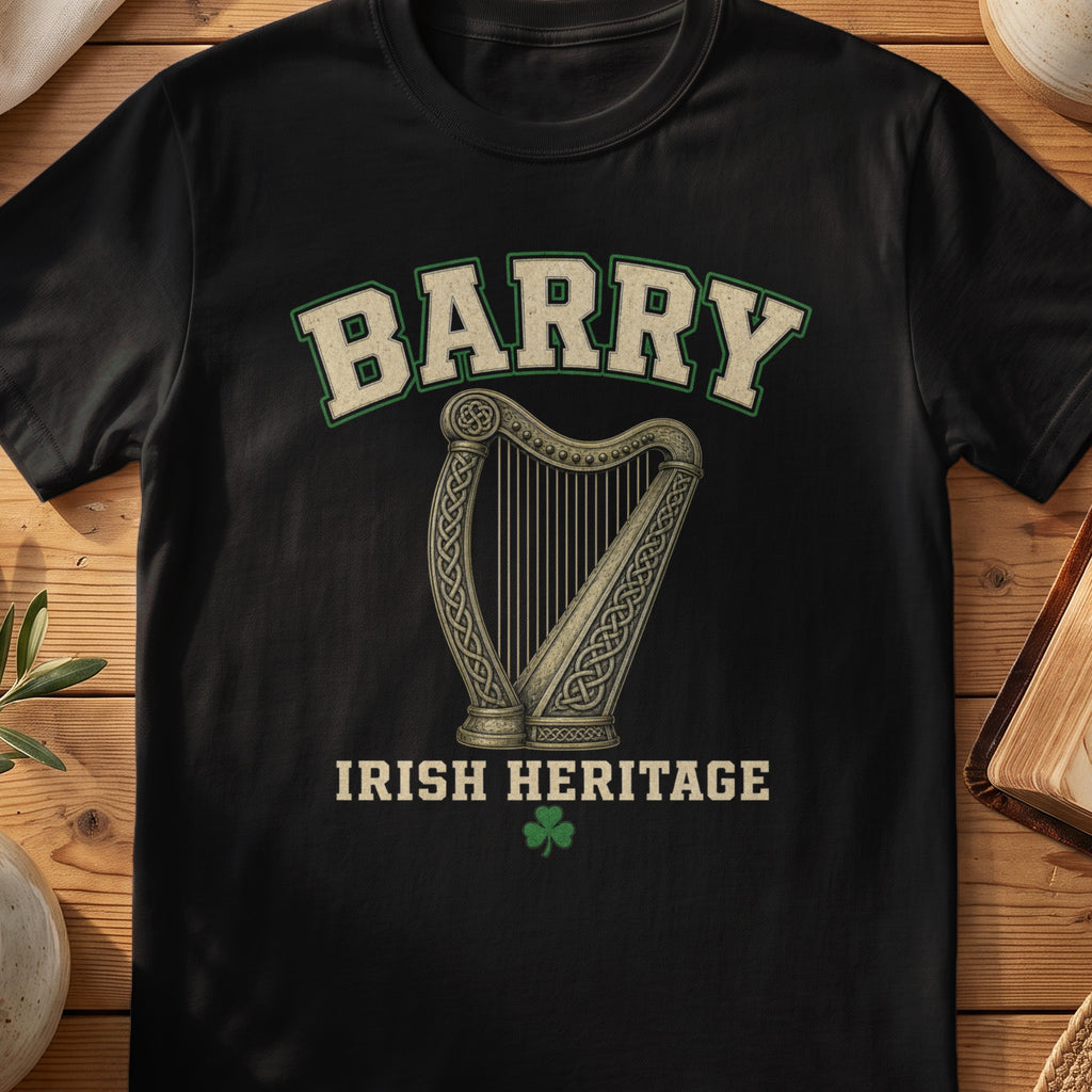 Barry Irish harp T-shirt in Black, with cream surname lettering, a gold-toned harp, green shamrock and “Irish Heritage” text.