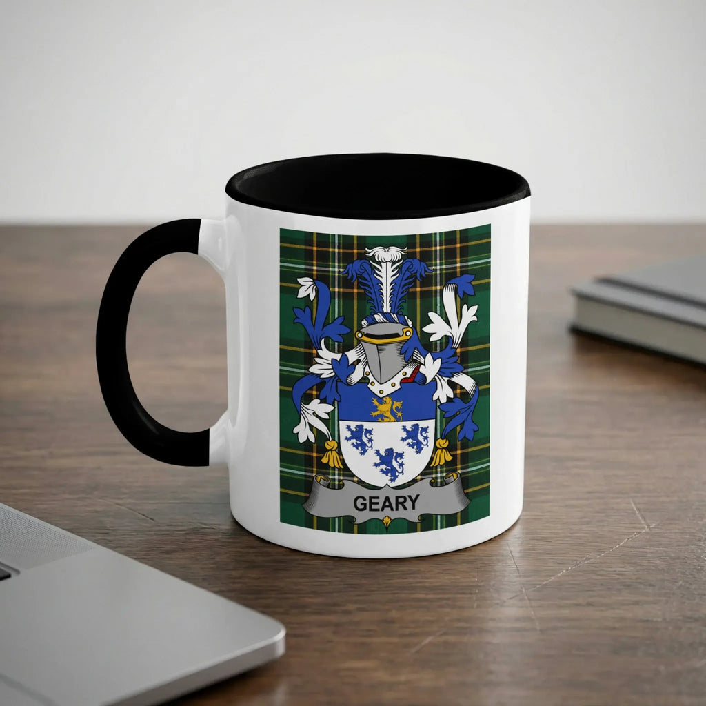 White mug with black handle featuring the Geary family coat of arms.