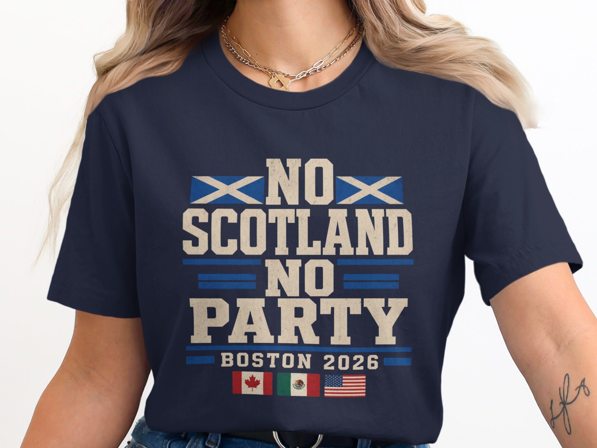 Navy t-shirt with "No Scotland No Party Boston 2026" text and flags.