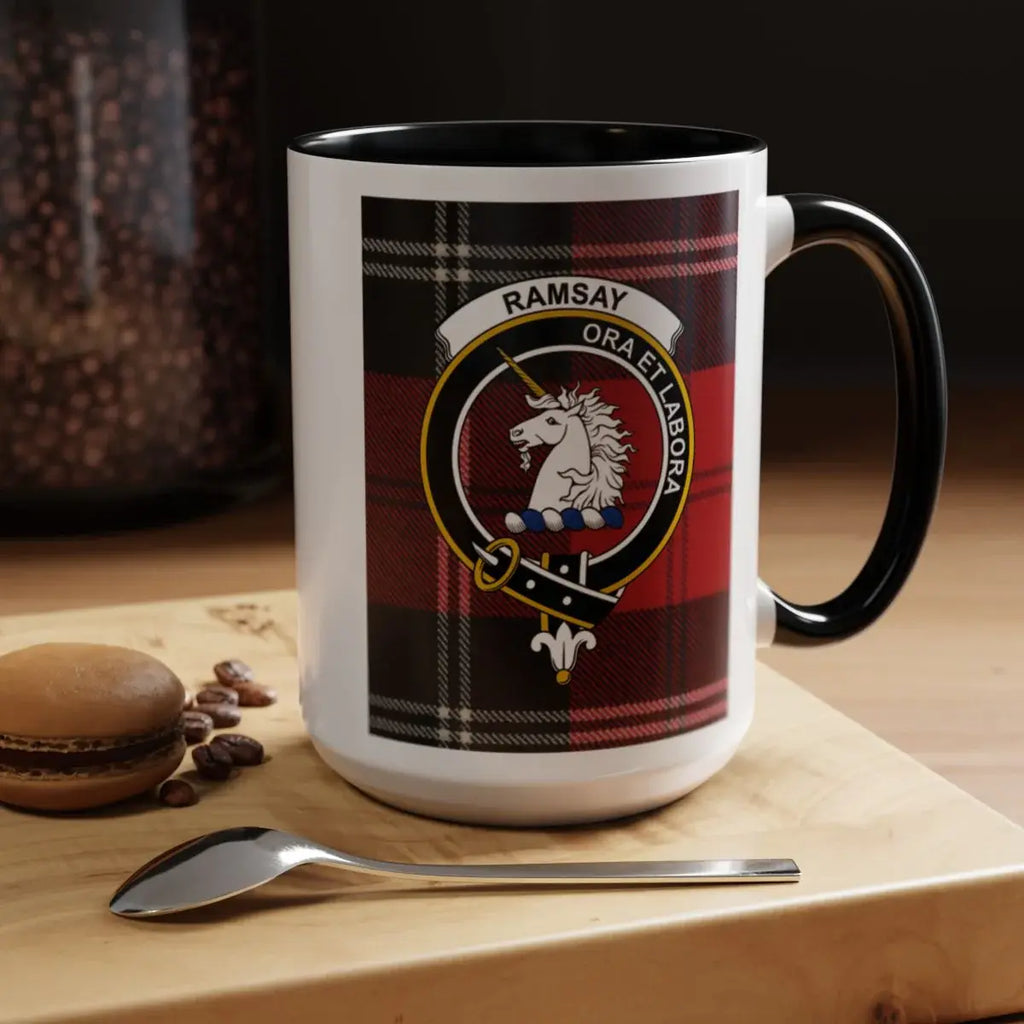 Ramsay ora et labora crest mug — navy handle, red and black tartan on ceramic