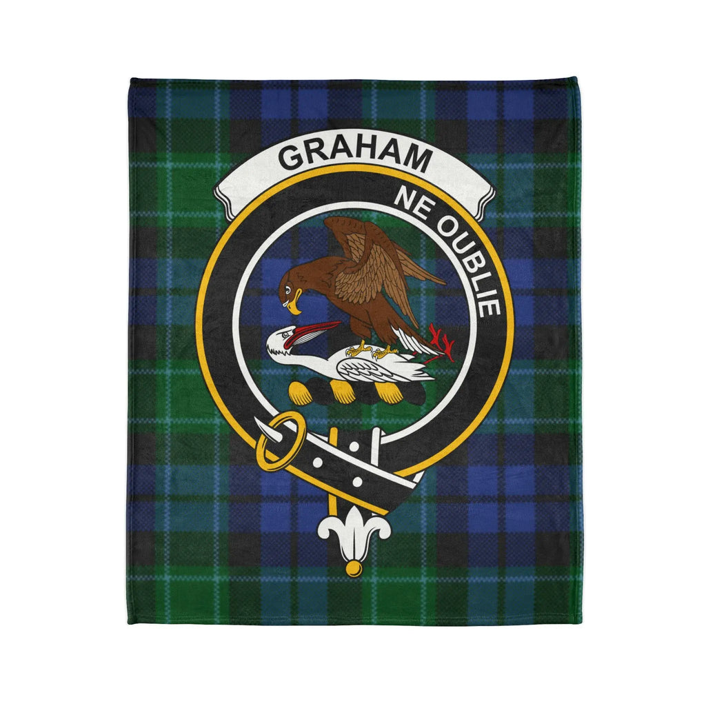 Graham Ne Oublie falcon crest on tartan throw — 50x60 printed blanket, clan design close-up