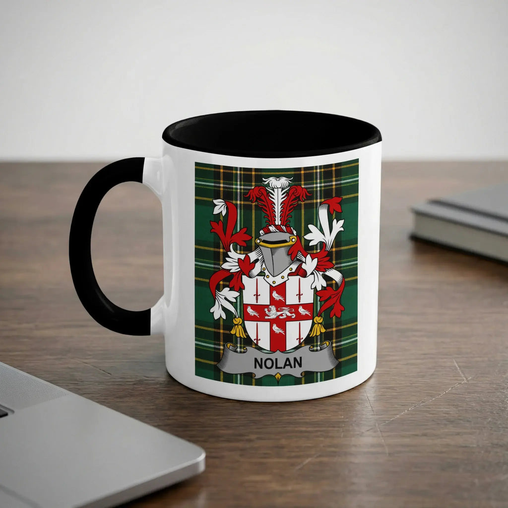 Nolan black accent mug with family crest on tartan background