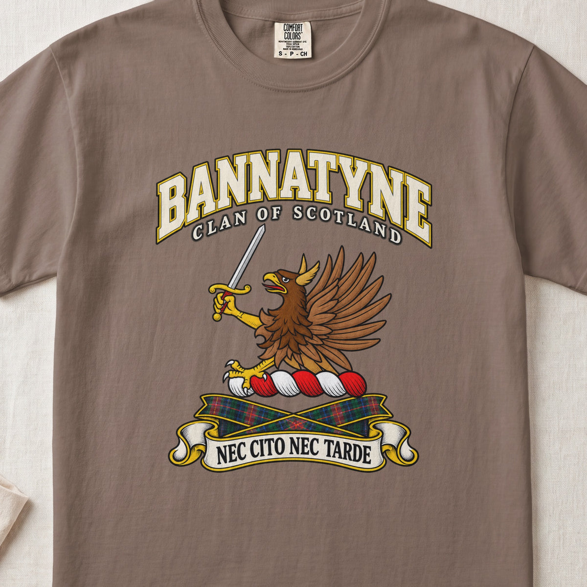 Bannatyne Scottish clan T-shirt in Espresso, front view with a brown eagle holding a sword and motto design.