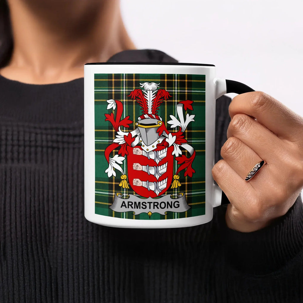 Armstrong family crest accent mug closeup — black rim and handle, Irish tartan-inspired design