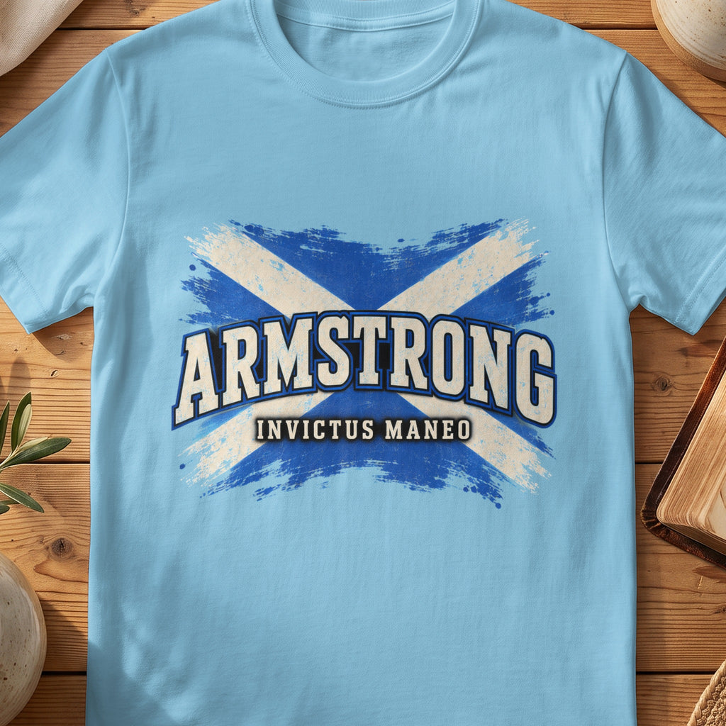 Armstrong Scottish Saltire T-shirt in Sky, with distressed blue and cream flag and “Invictus Maneo” lettering.