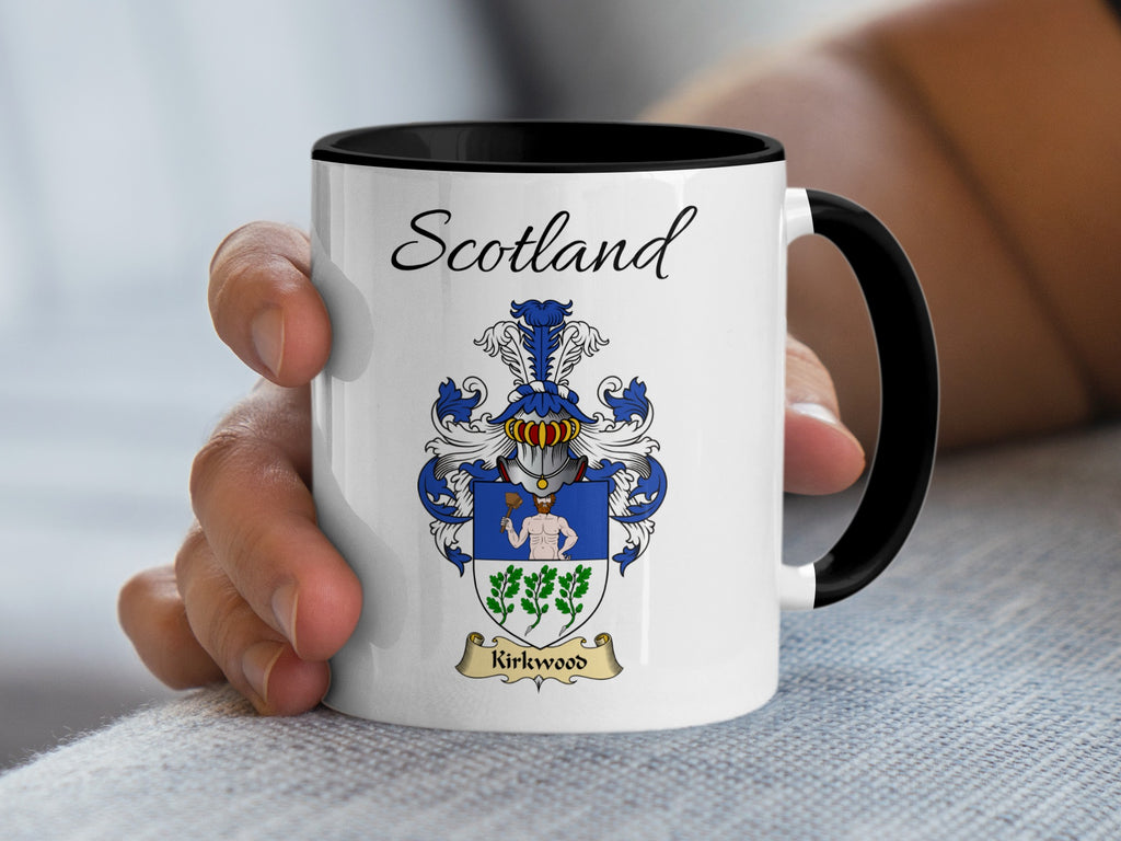 Kirkwood Scottish family crest accent mug with Scotland above the coat of arms design
