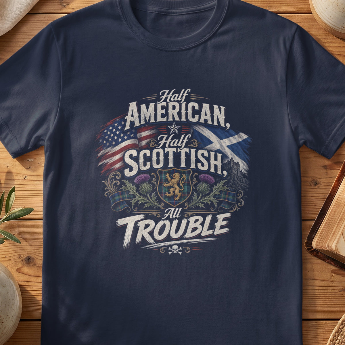 Navy Gildan 64000 unisex T-shirt flatlay with Half American Half Scottish All Trouble Scottish graphic design