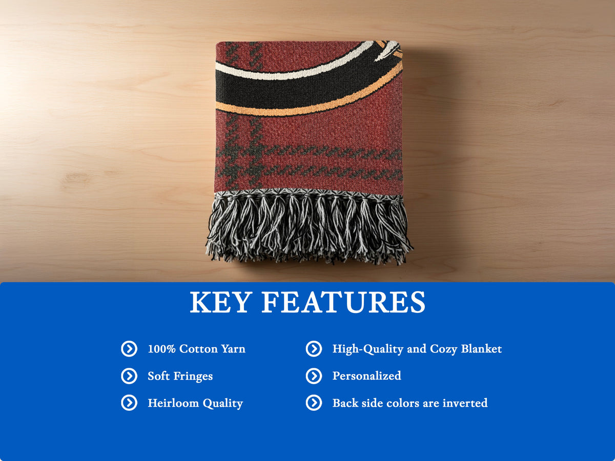 MacQuarrie blanket features: 100% cotton yarn, soft fringes, heirloom quality and inverted reverse colours