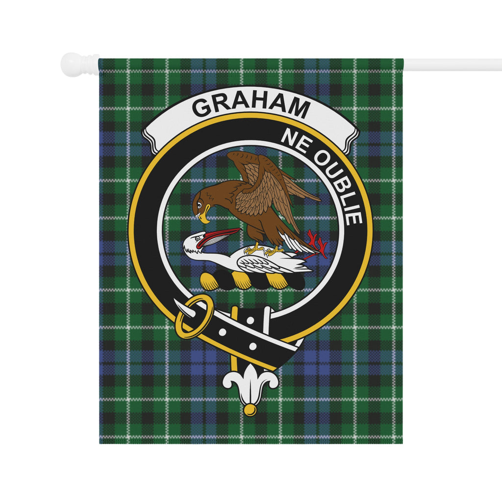 Graham clan crest on tartan garden flag fabric — detail