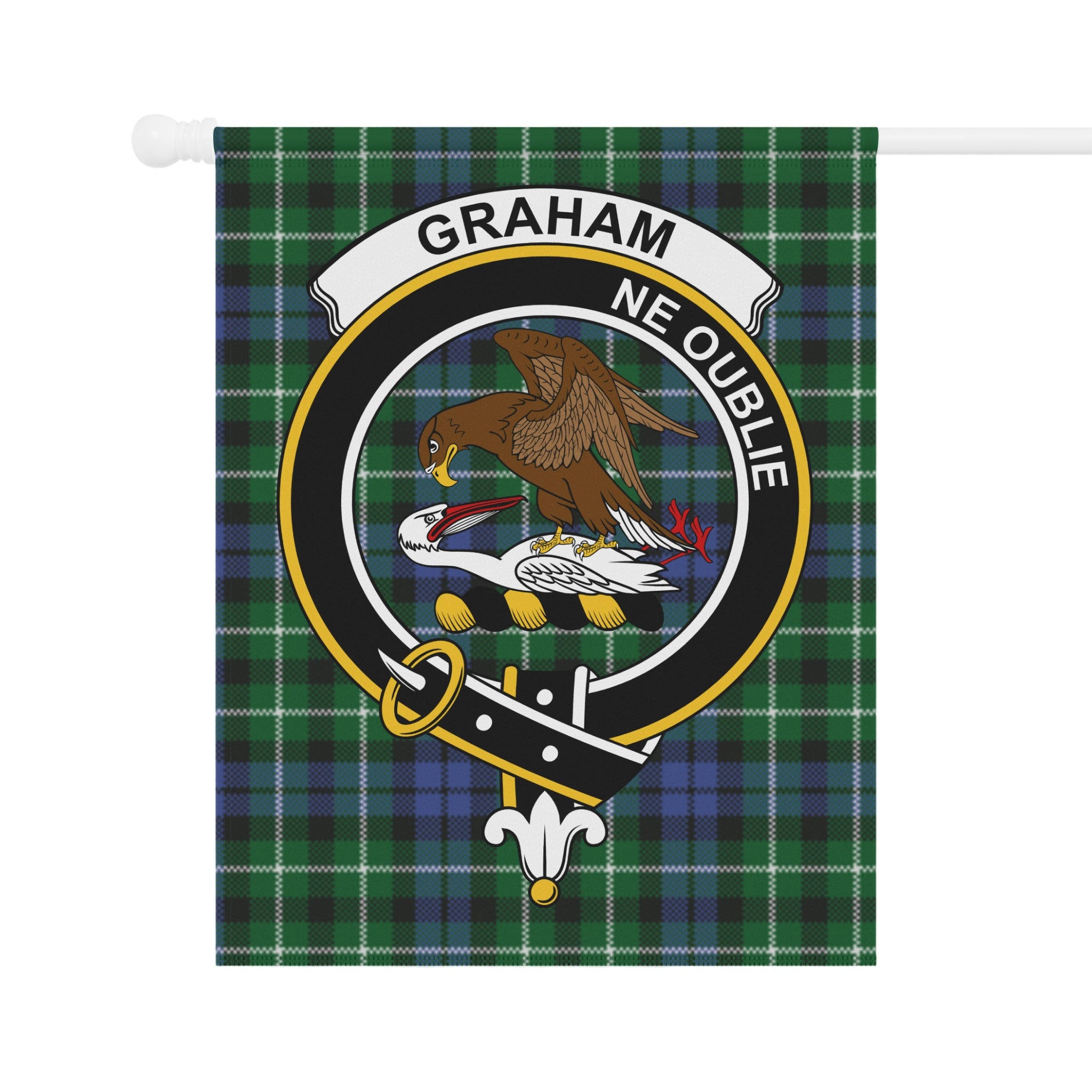 Graham clan crest on tartan garden flag fabric — detail
