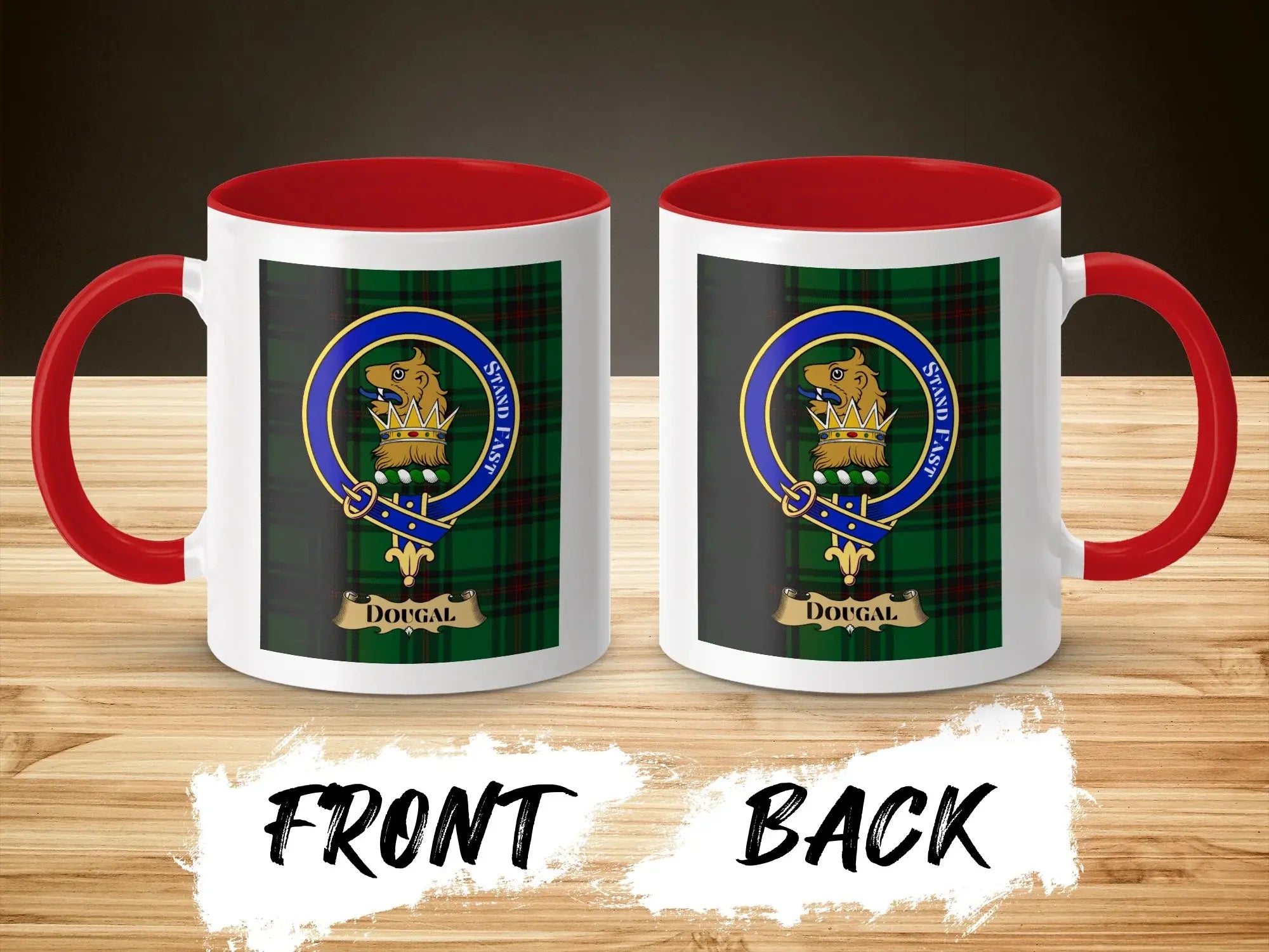 Dougal Clan Crest Emblem Mug with Red Handle Design